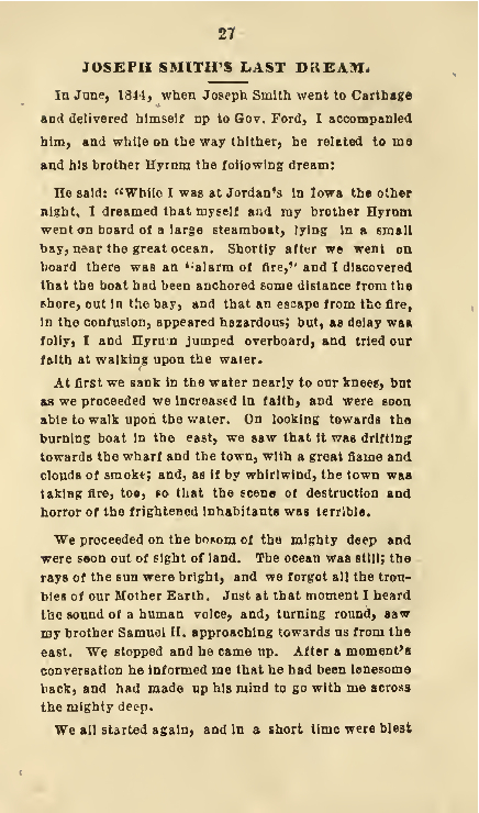 Page 1 of Joseph Smith's Last Dream, as told by W. W. Phelps.